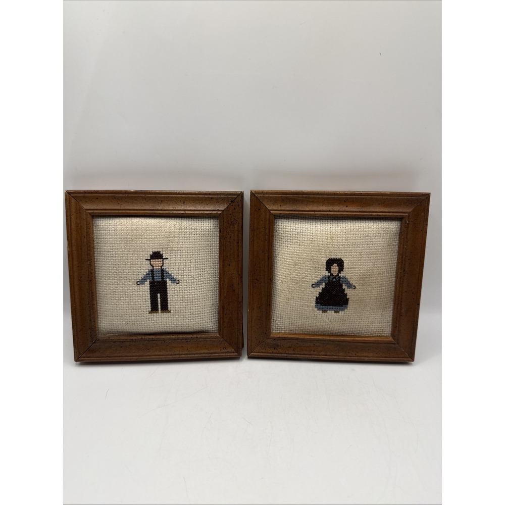 VTG Framed Cross Stitch Farmer Amish Complete 5"x5" Country Core